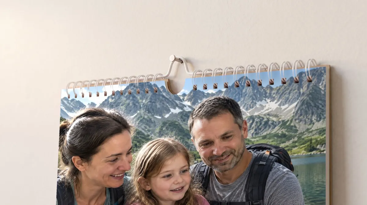 Nástenný fotokalendár A3 — detail väzby a fotografie zblízka