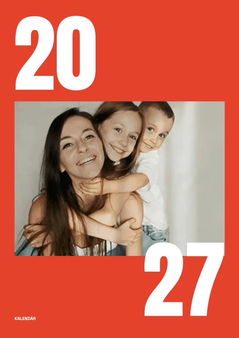 Obálka nástenného kalendára Hrubopis: červená strana s fotografiou a veľkými bielymi číslicami 20 a 27